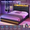 imageVIAGDO Full Size Bed Frame with Storage Headboard and LED Lights Leather Upholstered Full Size Platform Bed Frame with Charging Station and 4 Drawers LED Bed Frame Full No Box Spring Needed BlackFull