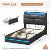 imageVIAGDO Full Size Bed Frame with Storage Headboard and LED Lights Leather Upholstered Full Size Platform Bed Frame with Charging Station and 4 Drawers LED Bed Frame Full No Box Spring Needed BlackTwin