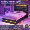 imageVIAGDO Full Size Bed Frame with Storage Headboard and LED Lights Leather Upholstered Full Size Platform Bed Frame with Charging Station and 4 Drawers LED Bed Frame Full No Box Spring Needed BlackTwin
