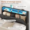 imageVIAGDO Full Size Bed Frame with Storage Headboard and LED Lights Leather Upholstered Full Size Platform Bed Frame with Charging Station and 4 Drawers LED Bed Frame Full No Box Spring Needed BlackFull