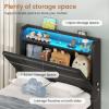 imageVIAGDO Full Size Bed Frame with Storage Headboard and LED Lights Leather Upholstered Full Size Platform Bed Frame with Charging Station and 4 Drawers LED Bed Frame Full No Box Spring Needed BlackTwin