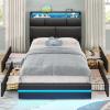 imageVIAGDO Full Size Bed Frame with Storage Headboard and LED Lights Leather Upholstered Full Size Platform Bed Frame with Charging Station and 4 Drawers LED Bed Frame Full No Box Spring Needed BlackTwin