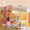 imageVIAGDO Low Loft Bed Twin Size with 9 Storage Drawers and LED Lights Metal Twin Loft Bed with Stairway Shelf Storage Low Loft Bed with Safety Guardrail and UnderBed Hideaway for Kids GreyWhite