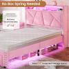imageVIAGDO Pink Twin Bed Frames with LED Lights Upholstered Platform Bed Frame Twin Size with Storage Headboard and Charging Station LED Twin Bed Frame No Box Spring NeededPink