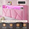 imageVIAGDO Pink Twin Bed Frames with LED Lights Upholstered Platform Bed Frame Twin Size with Storage Headboard and Charging Station LED Twin Bed Frame No Box Spring NeededPink