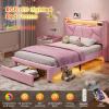 imageVIAGDO Pink Twin Bed Frames with LED Lights Upholstered Platform Bed Frame Twin Size with Storage Headboard and Charging Station LED Twin Bed Frame No Box Spring NeededPink