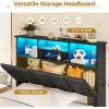 imageVIAGDO Queen Bed Frame with Bookcase Headboard Wooden Bed Frame Queen Size with Charging Station 4 Storage Drawers and LED Lights with TypeC and USB No Box Spring Needed WhiteBlack