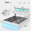 imageVIAGDO Queen Bed Frame with Bookcase Headboard Wooden Bed Frame Queen Size with Charging Station 4 Storage Drawers and LED Lights with TypeC and USB No Box Spring Needed WhiteWhite