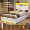 imageVIAGDO Queen Bed Frame with Bookcase Headboard Wooden Bed Frame Queen Size with Charging Station 4 Storage Drawers and LED Lights with TypeC and USB No Box Spring Needed WhiteWhite