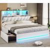 imageVIAGDO Queen Bed Frame with Bookcase Headboard Wooden Bed Frame Queen Size with Charging Station 4 Storage Drawers and LED Lights with TypeC and USB No Box Spring Needed WhiteWhite