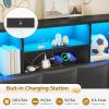 imageVIAGDO Queen Bed Frame with Bookcase Headboard Wooden Bed Frame Queen Size with Charging Station 4 Storage Drawers and LED Lights with TypeC and USB No Box Spring Needed WhiteBlack