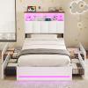 imageVIAGDO Queen Bed Frame with Bookcase Headboard Wooden Bed Frame Queen Size with Charging Station 4 Storage Drawers and LED Lights with TypeC and USB No Box Spring Needed WhiteWhite