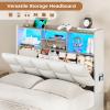 imageVIAGDO Queen Bed Frame with Bookcase Headboard and Storage Upholstered Platform Bed Frame Queen Size with Charging Station 4 Drawers and LED Lights Heavy Duty No Box Spring Needed BlackWhite