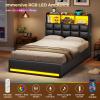 imageVIAGDO Queen Bed Frame with Bookcase Headboard and Storage Upholstered Platform Bed Frame Queen Size with Charging Station 4 Drawers and LED Lights Heavy Duty No Box Spring Needed BlackBlack