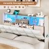 imageVIAGDO Queen Bed Frame with Bookcase Headboard and Storage Upholstered Platform Bed Frame Queen Size with Charging Station 4 Drawers and LED Lights Heavy Duty No Box Spring Needed BlackWhite