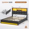 imageVIAGDO Queen Bed Frame with Bookcase Headboard and Storage Upholstered Platform Bed Frame Queen Size with Charging Station 4 Drawers and LED Lights Heavy Duty No Box Spring Needed BlackBlack