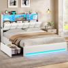 imageVIAGDO Queen Bed Frame with Bookcase Headboard and Storage Upholstered Platform Bed Frame Queen Size with Charging Station 4 Drawers and LED Lights Heavy Duty No Box Spring Needed BlackWhite
