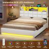 imageVIAGDO Queen Bed Frame with Bookcase Headboard and Storage Upholstered Platform Bed Frame Queen Size with Charging Station 4 Drawers and LED Lights Heavy Duty No Box Spring Needed BlackWhite