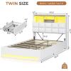 imageVIAGDO Queen Bed Frame with Bookcase Headboard and Storage Upholstered Platform Bed Frame Queen Size with Charging Station 4 Drawers and LED Lights Heavy Duty No Box Spring Needed BlackWhite