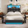 imageVIAGDO Queen Bed Frame with Bookcase Headboard and Storage Upholstered Platform Bed Frame Queen Size with Charging Station 4 Drawers and LED Lights Heavy Duty No Box Spring Needed BlackBlack