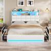 imageVIAGDO Queen Bed Frame with Bookcase Headboard and Storage Upholstered Platform Bed Frame Queen Size with Charging Station 4 Drawers and LED Lights Heavy Duty No Box Spring Needed BlackWhite