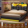 imageVIAGDO Queen Bed Frame with Bookcase Headboard and Storage Upholstered Platform Bed Frame Queen Size with Charging Station 4 Drawers and LED Lights Heavy Duty No Box Spring Needed BlackBlack