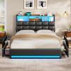 imageVIAGDO Queen Bed Frame with Bookcase Headboard and Storage Upholstered Platform Bed Frame Queen Size with Charging Station 4 Drawers and LED Lights Heavy Duty No Box Spring Needed BlackBlack