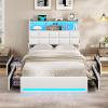 imageVIAGDO Queen Bed Frame with Bookcase Headboard and Storage Upholstered Platform Bed Frame Queen Size with Charging Station 4 Drawers and LED Lights Heavy Duty No Box Spring Needed BlackWhite