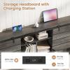 imageVIAGDO Wooden Bed Frame Queen Size with Bookcase Headboard and Sliding Barn Door Farmhouse Queen Bed Frame with Charging Station LED Lights and 4 Storage Drawers No Box Spring Needed WhiteGrey
