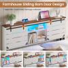 imageVIAGDO Wooden Bed Frame Queen Size with Bookcase Headboard and Sliding Barn Door Farmhouse Queen Bed Frame with Charging Station LED Lights and 4 Storage Drawers No Box Spring Needed WhiteWhite
