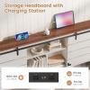 imageVIAGDO Wooden Bed Frame Queen Size with Bookcase Headboard and Sliding Barn Door Farmhouse Queen Bed Frame with Charging Station LED Lights and 4 Storage Drawers No Box Spring Needed WhiteWhite