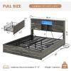 imageVIAGDO Wooden Bed Frame Queen Size with Bookcase Headboard and Sliding Barn Door Farmhouse Queen Bed Frame with Charging Station LED Lights and 4 Storage Drawers No Box Spring Needed WhiteGrey