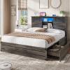 imageVIAGDO Wooden Bed Frame Queen Size with Bookcase Headboard and Sliding Barn Door Farmhouse Queen Bed Frame with Charging Station LED Lights and 4 Storage Drawers No Box Spring Needed WhiteGrey