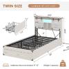 imageVIAGDO Wooden Bed Frame Queen Size with Bookcase Headboard and Sliding Barn Door Farmhouse Queen Bed Frame with Charging Station LED Lights and 4 Storage Drawers No Box Spring Needed WhiteWhite