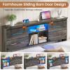 imageVIAGDO Wooden Bed Frame Queen Size with Bookcase Headboard and Sliding Barn Door Farmhouse Queen Bed Frame with Charging Station LED Lights and 4 Storage Drawers No Box Spring Needed WhiteGrey