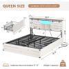 imageVIAGDO Wooden Bed Frame Queen Size with Bookcase Headboard and Sliding Barn Door Farmhouse Queen Bed Frame with Charging Station LED Lights and 4 Storage Drawers No Box Spring Needed WhiteWhite
