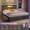 imageVIAGDO Wooden Bed Frame Queen Size with Bookcase Headboard and Sliding Barn Door Farmhouse Queen Bed Frame with Charging Station LED Lights and 4 Storage Drawers No Box Spring Needed WhiteGrey