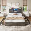 imageVIAGDO Wooden Bed Frame Queen Size with Bookcase Headboard and Sliding Barn Door Farmhouse Queen Bed Frame with Charging Station LED Lights and 4 Storage Drawers No Box Spring Needed WhiteGrey