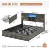 imageVIAGDO Wooden Bed Frame Queen Size with Bookcase Headboard and Sliding Barn Door Farmhouse Queen Bed Frame with Charging Station LED Lights and 4 Storage Drawers No Box Spring Needed WhiteGrey