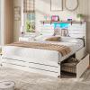 imageVIAGDO Wooden Bed Frame Queen Size with Bookcase Headboard and Sliding Barn Door Farmhouse Queen Bed Frame with Charging Station LED Lights and 4 Storage Drawers No Box Spring Needed WhiteWhite