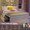 imageVIAGDO Wooden Bed Frame Queen Size with Bookcase Headboard and Sliding Barn Door Farmhouse Queen Bed Frame with Charging Station LED Lights and 4 Storage Drawers No Box Spring Needed WhiteWhite