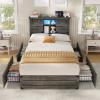 imageVIAGDO Wooden Bed Frame Queen Size with Bookcase Headboard and Sliding Barn Door Farmhouse Queen Bed Frame with Charging Station LED Lights and 4 Storage Drawers No Box Spring Needed WhiteGrey