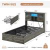 imageVIAGDO Wooden Bed Frame Queen Size with Bookcase Headboard and Sliding Barn Door Farmhouse Queen Bed Frame with Charging Station LED Lights and 4 Storage Drawers No Box Spring Needed WhiteGrey