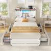 imageVIAGDO Wooden Bed Frame Queen Size with Bookcase Headboard and Sliding Barn Door Farmhouse Queen Bed Frame with Charging Station LED Lights and 4 Storage Drawers No Box Spring Needed WhiteWhite