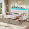imageVIAGDO Daybed with 2 Drawers Twin Day Bed with Upholstered Headboard and Charging Station Metal Day Bed Frame with Storage and LED Lights Twin Daybed for Living Room Bedroom Guest Room WhiteWhite
