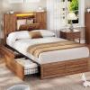 imageVIAGDO Farmhouse Full Size Bed Frame with Headboard and Double Barn Door Storage Cabinets Rustic Wooden Bed Frame Full with Charging Station 4 Drawers and LED Lights No Box Spring Needed BrownBrown