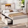 imageVIAGDO Farmhouse Full Size Bed Frame with Headboard and Double Barn Door Storage Cabinets Rustic Wooden Bed Frame Full with Charging Station 4 Drawers and LED Lights No Box Spring Needed BrownWhite
