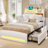imageVIAGDO Full Size Bed Frame with Storage Headboard and Charging Station Leather Upholstered Bed Frame Full Size with 4 Drawers and LED Lights Type C and USB No Box Spring Needed BlackCream