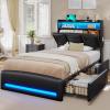 imageVIAGDO Full Size Bed Frame with Storage Headboard and Charging Station Leather Upholstered Bed Frame Full Size with 4 Drawers and LED Lights Type C and USB No Box Spring Needed BlackBlack