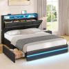 imageVIAGDO Full Size Bed Frame with Storage Headboard and LED Lights Leather Upholstered Full Size Platform Bed Frame with Charging Station and 4 Drawers LED Bed Frame Full No Box Spring Needed BlackFull